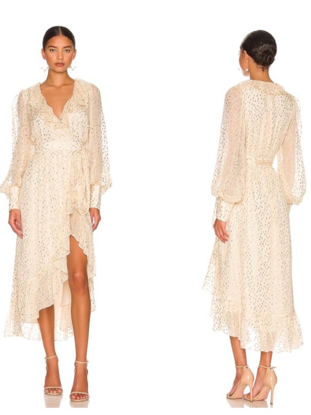 Zimmermann Cream Metallic Dot Ruffled silk Wrap Midi Dress